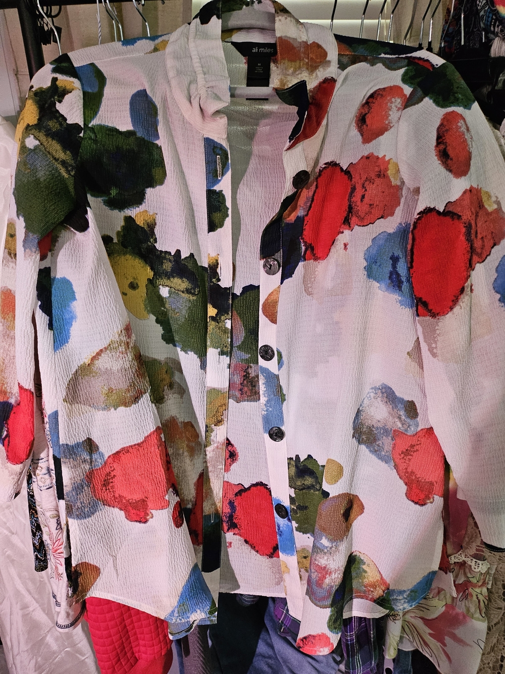 Ali Miles Watercolor Button-Up Blouse in White with Red, Blue, Green, Yellow